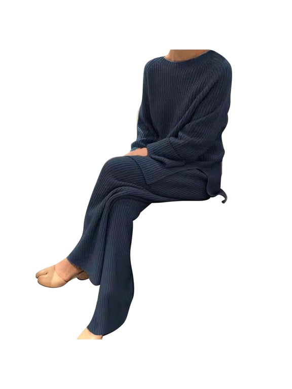 Two Piece Sets for Women Summer Casual Outfit Sets,Women Jogger Outfit Plus Size,Women's Long Sleeved Plain Knitted Casual Two-piece Blouse Pants Knitting Sweater
