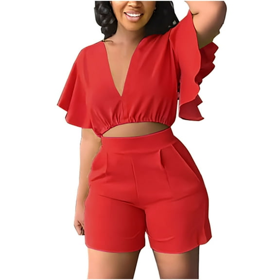 ibuvkizy Two Piece Sets for Women,Summer Casual Outfit Sets,Women Jogger Outfit Plus Size,Women's Ruffle Short Sleeve V-Neck Top Casual Shorts Summer Plus Size Women Suits,Womens Clothing