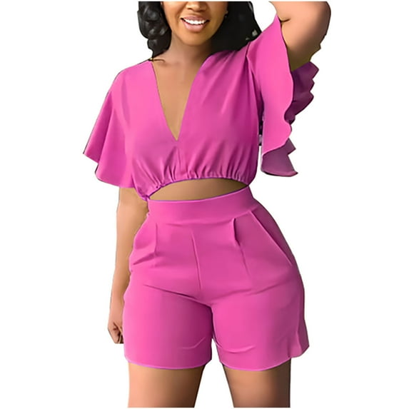 ibuvkizy Two Piece Sets for Women Summer Casual Outfit Sets,Women Jogger Outfit Plus Size,Women's Ruffle Short Sleeve V-Neck Top Casual Shorts Summer Plus Size Women Suits