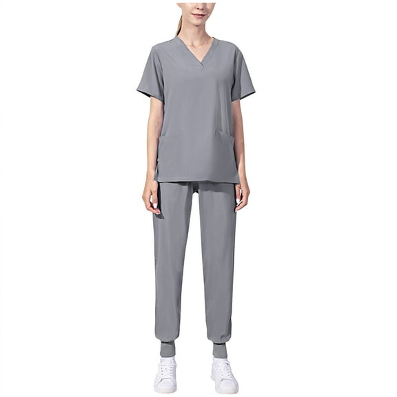ibuvkizy Two Piece Sets for Women Summer Casual Outfit Sets,Women Jogger Outfit Plus Size,Women's Short-Sleeved Solid Color Pocket V-Neck Nurse Suit,Womens Clothing