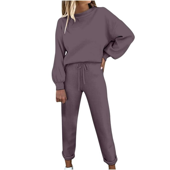 ibuvkizy Two Piece Sets for Women,Summer Casual Outfit Sets,Women Jogger Outfit Plus Size,Women's Solid Color Pullover Long Sleeve Top + Casual Pants 2 Piece Set,Womens Clothing
