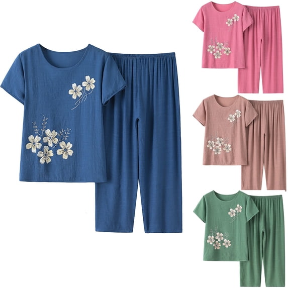 ibuvkizy Two Piece Sets for Women,Summer Casual Outfit Sets,Women Jogger Outfit Plus Size,Women's Summer Cotton Linen Set Short Sleeve Round Neck Printed Tops Pants Set,Womens Clothing