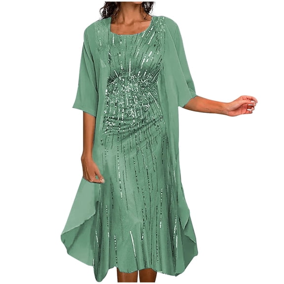 ibuvkizy Two Piece Sets for Women,Summer Casual Outfit Sets,Women Jogger Outfit Plus Size,Women's Summer Temperament Gentle Print Half Sleeve Round Neck Chiffon Dress Set,Womens Clothing