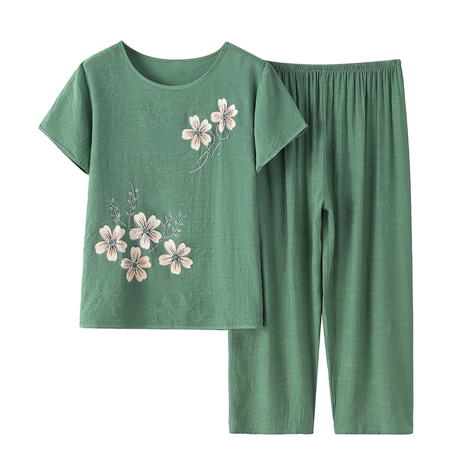 ibuvkizy Two Piece Sets for Women Clearance,Summer Casual Outfit Sets,Women Jogger Outfit Plus Size,Women's Summer Cotton Linen Set Short Sleeve Round Neck Printed Tops Pants Set,Womens Clothing