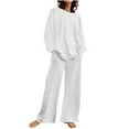 thumbnail image 1 of ibuvkizy Two Piece Sets for Women,Summer Women's Casual Shoulder Sleeved Long Sleeved Round Neck Top/Loose Straight Tube with Pocket Long Pants Set White,XXXXXL, 1 of 6