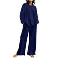 thumbnail image 1 of ibuvkizy Two Piece Sets for Women,Summer Women's Casual Shoulder Sleeved Long Sleeved Round Neck Top/Loose Straight Tube with Pocket Long Pants Set Blue,XL, 1 of 6