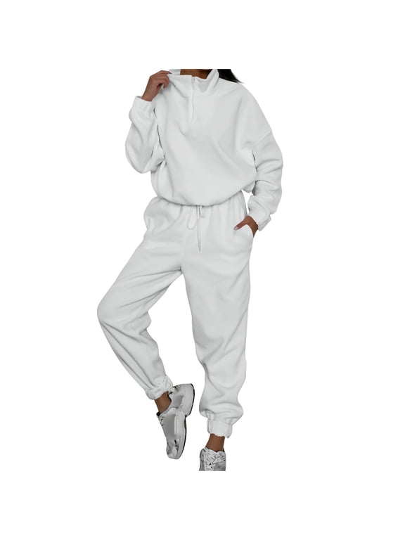 Two Piece Sets for Women Fall and Winter Fashion Casual Loose Zipper Collar Sweater Two-piece Set Long-sleeved Round Neck Blouse/shirt Set White,XL