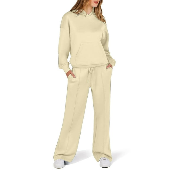 ibuvkizy Two Piece Sets for Women!Women Solid Color Fashionable and Casual Comfortable Long Sleeved Hoodie with Hat wide Leg Straight Leg Pants Long Sleeved Hooded Set Beige,L