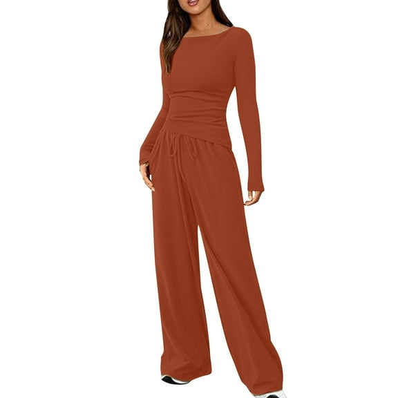 ibuvkizy Two Piece Sets for Women Clearance!Women's Shoulder Drop Solid Color Pocket Long Sleeved Casual Wide Draw Rope Leg Pants Fashion Two-Piece Set Round Neck Top Shirt Set Suit Orange,M