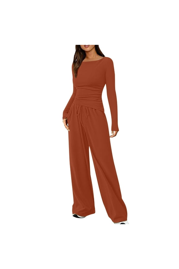 Two Piece Sets for Women Shoulder Drop Solid Color Pocket Long Sleeved Casual Wide Draw Rope Leg Pants Fashion Two-Piece Set Round Neck Top Shirt Set Suit Orange,XL