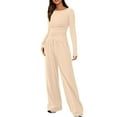 thumbnail image 1 of ibuvkizy Two Piece Sets for Women Shoulder Drop Solid Color Pocket Long Sleeved Casual Wide Draw Rope Leg Pants Fashion Two-Piece Set Round Neck Top Shirt Set Suit Beige,L, 1 of 9