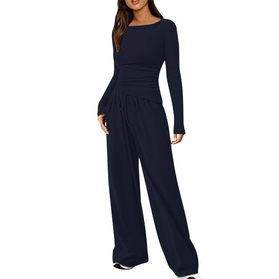 ibuvkizy Two Piece Sets for Women Shoulder Drop Solid Color Pocket Long Sleeved Casual Wide Draw Rope Leg Pants Fashion Two-Piece Set Round Neck Top Shirt Set Suit Dark Blue,S