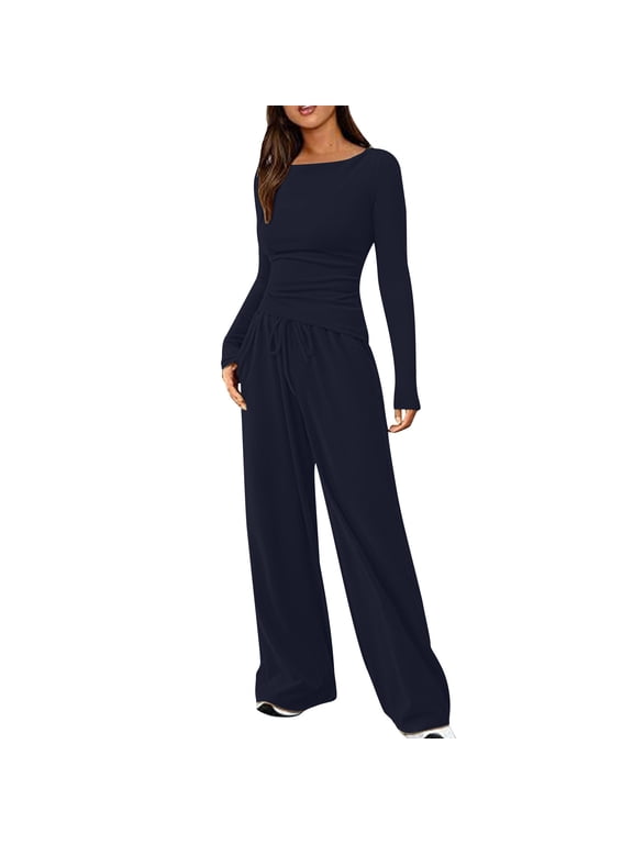 Two Piece Sets for Women Shoulder Drop Solid Color Pocket Long Sleeved Casual Wide Draw Rope Leg Pants Fashion Two-Piece Set Round Neck Top Shirt Set Suit Dark Blue,L