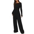 thumbnail image 1 of ibuvkizy Two Piece Sets for Women Shoulder Drop Solid Color Pocket Long Sleeved Casual Wide Draw Rope Leg Pants Fashion Two-Piece Set Round Neck Top Shirt Set Suit Black,L, 1 of 9
