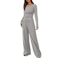 thumbnail image 1 of ibuvkizy Two Piece Sets for Women Shoulder Drop Solid Color Pocket Long Sleeved Casual Wide Draw Rope Leg Pants Fashion Two-Piece Set Round Neck Top Shirt Set Suit Gray,XL, 1 of 9