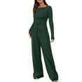 thumbnail image 1 of ibuvkizy Two Piece Sets for Women Shoulder Drop Solid Color Pocket Long Sleeved Casual Wide Draw Rope Leg Pants Fashion Two-Piece Set Round Neck Top Shirt Set Suit Green,XS, 1 of 9
