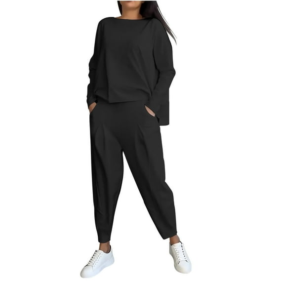 ibuvkizy Two Piece Sets for Women Fall,Women Solid Color Irregular Design Long Sleeved Hoodie Pants Set Long Sleeved Round Neck Top/Shirt Set Black,XXXL