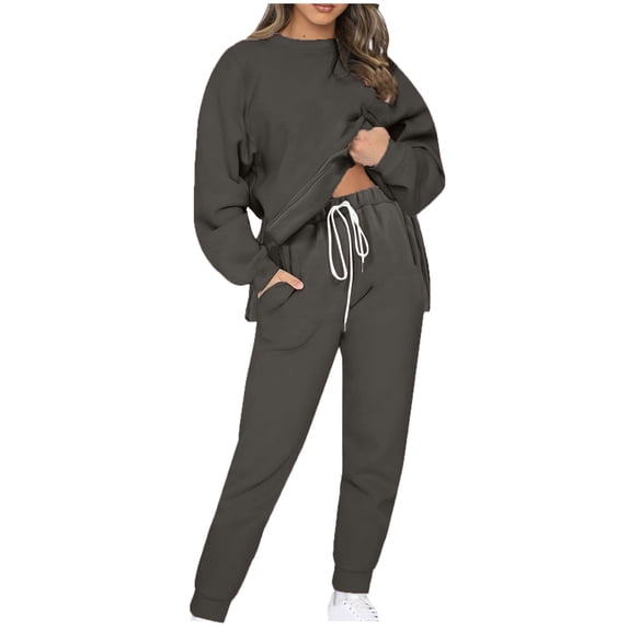 ibuvkizy Two Piece Sets for Women Fall,Women Sweatsuits 2 Piece Outfits Crew Neck Sweatshirt Sweatpant Tracksuit Fall Irregular Hem Pullover Sets Dark Gray,XXL