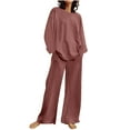 thumbnail image 1 of ibuvkizy Two Piece Sets for Women Fall Outfits,Summer Women's Casual Shoulder Sleeved Long Sleeved Round Neck Top/Loose Straight Tube with Pocket Long Pants Set Pink,L, 1 of 6