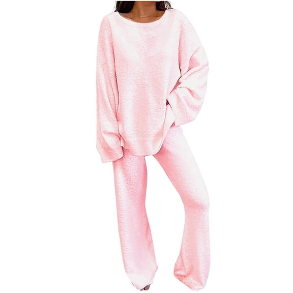 ibuvkizy Two Piece Sets for Women Summer Casual Outfit Sets,Women Jogger Outfit Plus Size,Outfits Long Sleeve Solid Color Tops With High Waist Pants Baggy Warm Pajama Sets