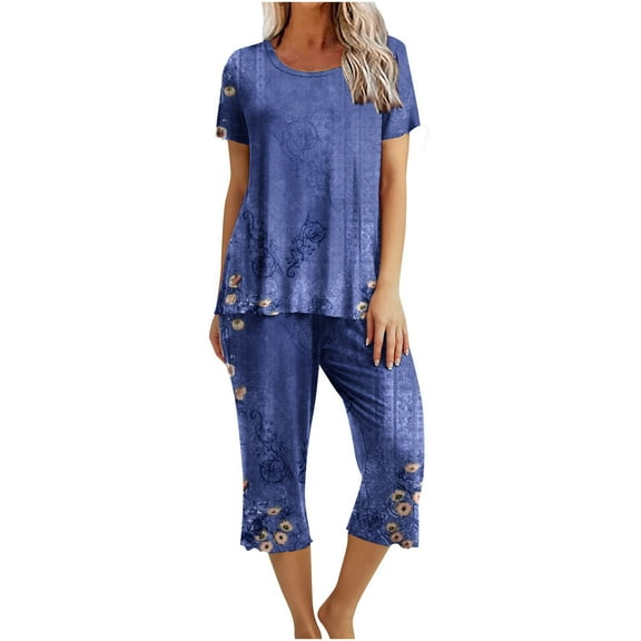 ibuvkizy Two Piece Sets for Women Summer Casual Outfit Sets,Women Jogger Outfit Plus Size,Printing Round Neck Short Sleeve Sleepshirt and Pants Sets Loungewear Pajama,Womens Clothing