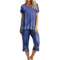 ibuvkizy Two Piece Sets for Women Summer Casual Outfit Sets,Women Jogger Outfit Plus Size,Printing Round Neck Short Sleeve Sleepshirt and Pants Sets Loungewear Pajama,Womens Clothing