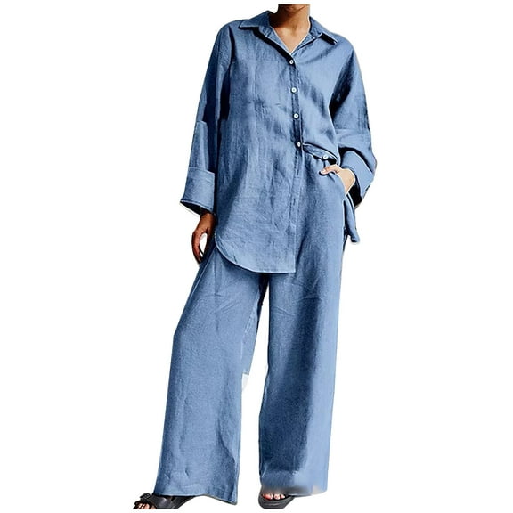 ibuvkizy Two Piece Sets for Women Summer Casual Outfit Sets,Women Jogger Outfit Plus Size,Women's Cotton Solid Button Long Sleeve Shirt Blouse and Pants Set With Pocket