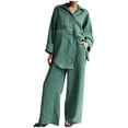 thumbnail image 1 of ibuvkizy Two Piece Sets for Women Summer Casual Outfit Sets,Women Jogger Outfit Plus Size,Women's Cotton Solid Button Long Sleeve Shirt Blouse and Pants Set With Pocket, 1 of 4