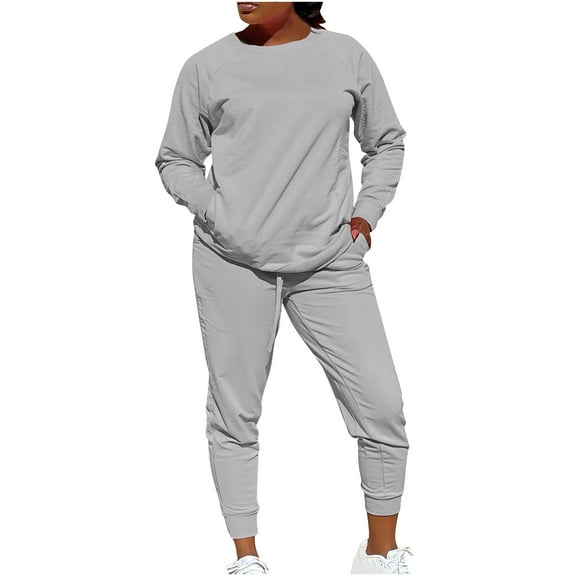 ibuvkizy Two Piece Sets for Women,Sweatsuits Women 2 Piece Outfit Women's Fashionable Casual Solid Color Long Sleeved Pants Set Gray,S