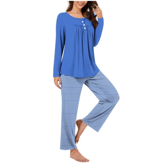 ibuvkizy Two Piece Sets for Women,Women Fashionable and Casual Loose Printed Round Neck Button Up Long Sleeved Pants Pajama Set Sky Blue,L