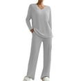 thumbnail image 1 of ibuvkizy Two Piece Sets for Women 2025 New Fashionable Casual Straight Leg Pants with Loose V-neck Knitted Sleeve Gray,XL, 1 of 9