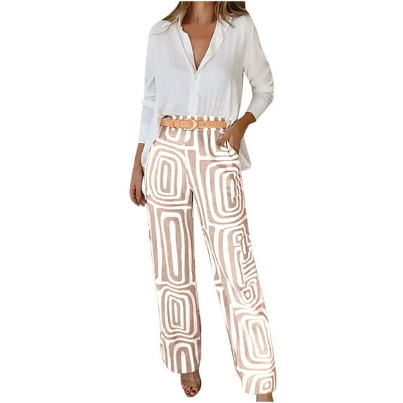 ibuvkizy Two Piece Sets for Women Fall,Women's Printed Long Sleeved Shirt with Elastic Waistband and Pocket Pants Set Khaki,XL