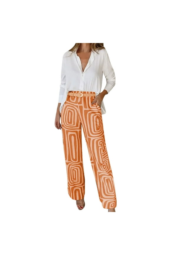 Two Piece Sets for Women Fall,Women's Printed Long Sleeved Shirt with Elastic Waistband and Pocket Pants Set Orange,S