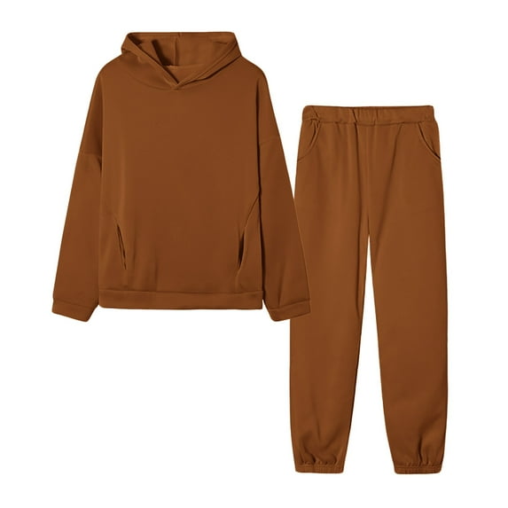 ibuvkizy Two Piece Sets for Women Fall Winter Solid Color Long Sleeve Hooded Sweatshirt and Pant Tracksuit Sport Suit Brown,L
