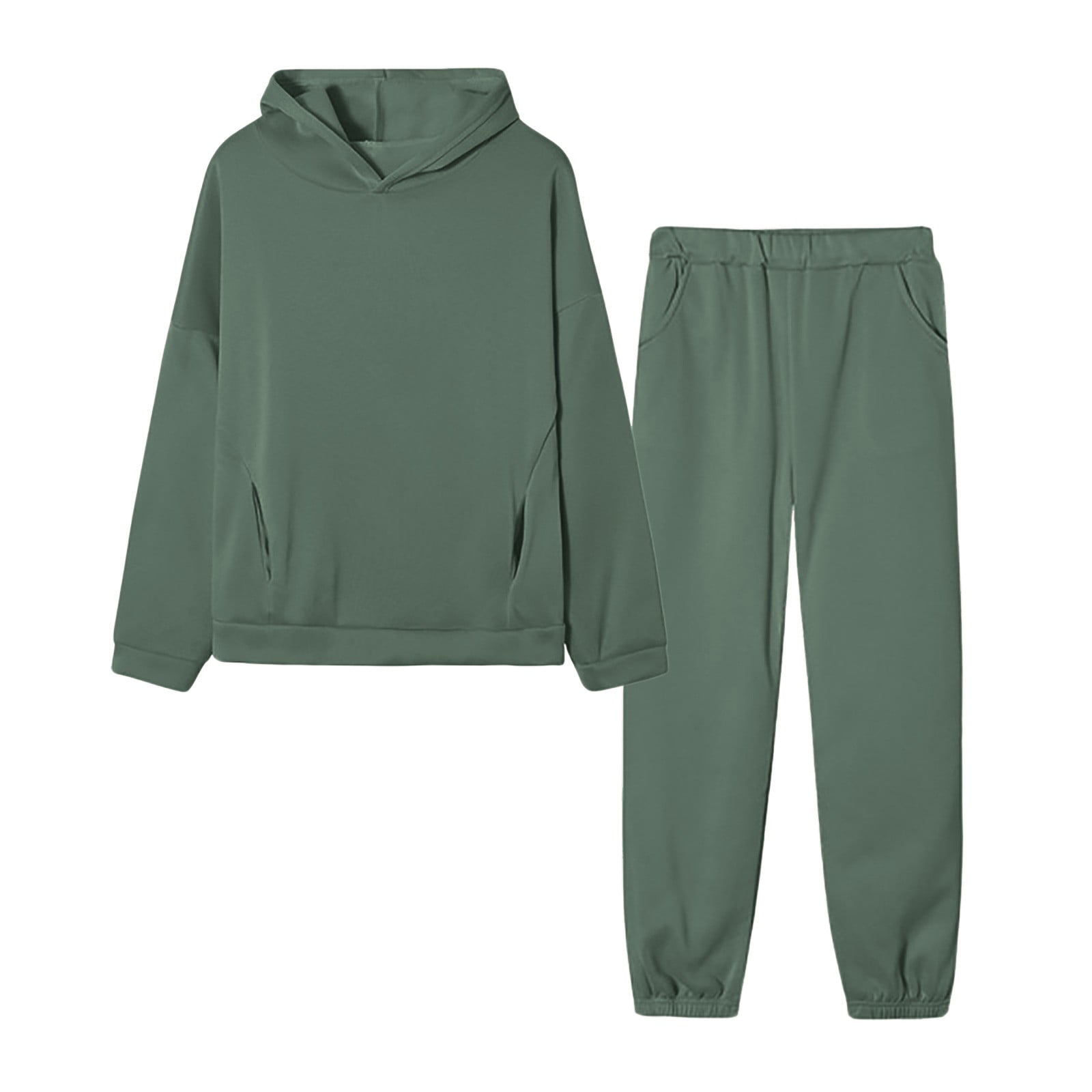 ibuvkizy Two Piece Sets for Women Fall Winter Solid Color Long Sleeve Hooded Sweatshirt and Pant Tracksuit Sport Suit Green,M