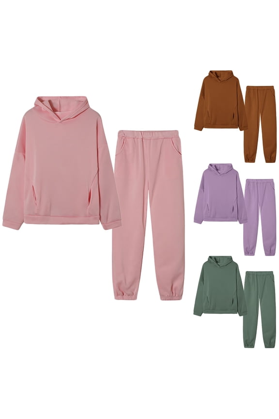 Two Piece Sets for Women Fall Winter Solid Color Long Sleeve Hooded Sweatshirt and Pant Tracksuit Sport Suit Pink,M