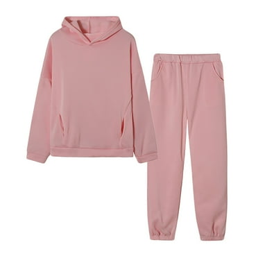 ibuvkizy Two Piece Sets for Women Fall Winter Clearance!Women Solid Color Long Sleeve Hooded Sweatshirt and Pant Tracksuit Sport Suit Pink,M
