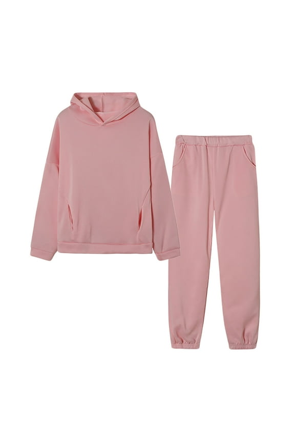 Two Piece Sets for Women Fall Winter Solid Color Long Sleeve Hooded Sweatshirt and Pant Tracksuit Sport Suit Pink,M