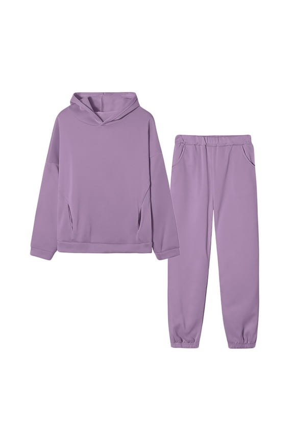 Two Piece Sets for Women Fall Winter Solid Color Long Sleeve Hooded Sweatshirt and Pant Tracksuit Sport Suit Purple,XL