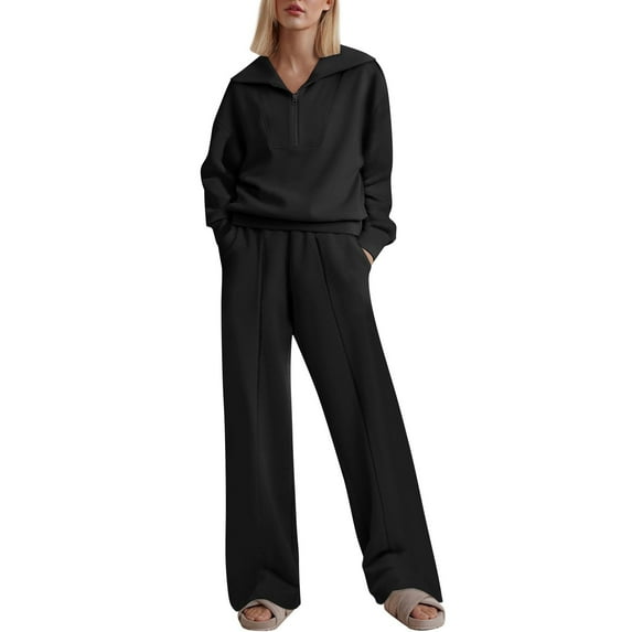 ibuvkizy Two Piece Sets for Women Fashion Solid Color Half Zipper Sports Shirt Collar Top Wide Leg Sports Pants Casual Set Two Piece Set Black,L