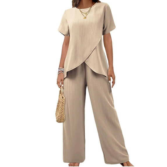 ibuvkizy Two Piece Sets for Women Outfits Summer Ruffle Layered Short Sleeve Tops and Palazzo Pants Lounge Sets