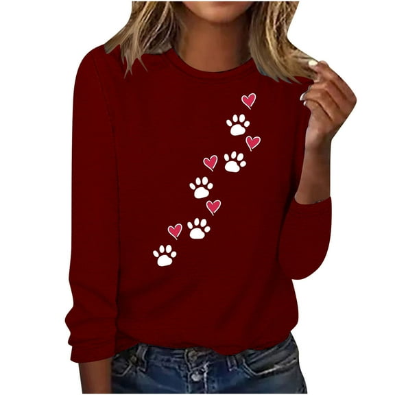 ibuvkizy Valentine's Day Sweatshirt for Women,Women's Printed Round Neck Pullover Long Sleeved Casual Womens Sweatshirts Wine,XL
