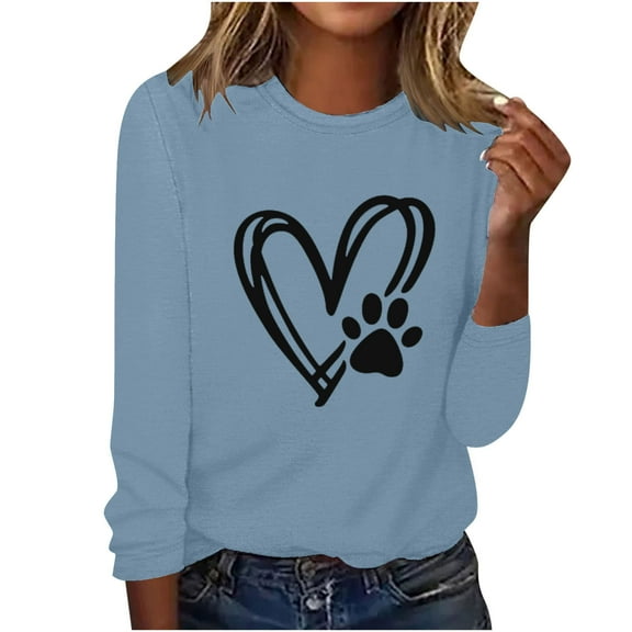 ibuvkizy Valentine's Day!Sweatshirt for Women Printed Round Neck Pullover Long Sleeved Casual Womens Sweatshirts Light Blue,XL