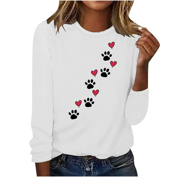 ibuvkizy Valentine's Day Sweatshirt for Women Printed Round Neck Pullover Long Sleeved Casual Womens Sweatshirts White,S