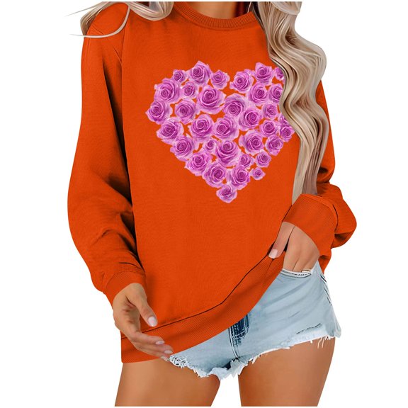 ibuvkizy Valentine's Day!Womens Sweatshirt Round Neck Lover's Love Print Sweatshirt Long Sleeved Pullover Top/shirt Orange,L