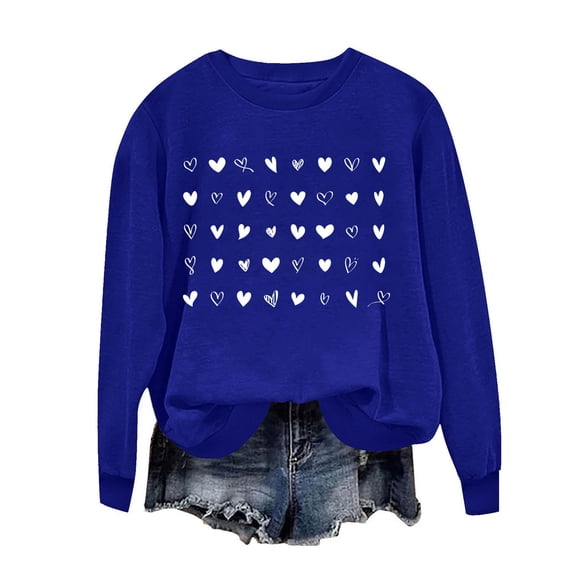 ibuvkizy Valentines Day Sweatshirts for Women Round Neck Printed Sweatshirts Long Sleeved Pullover Top Sweatshirt Blue,XS