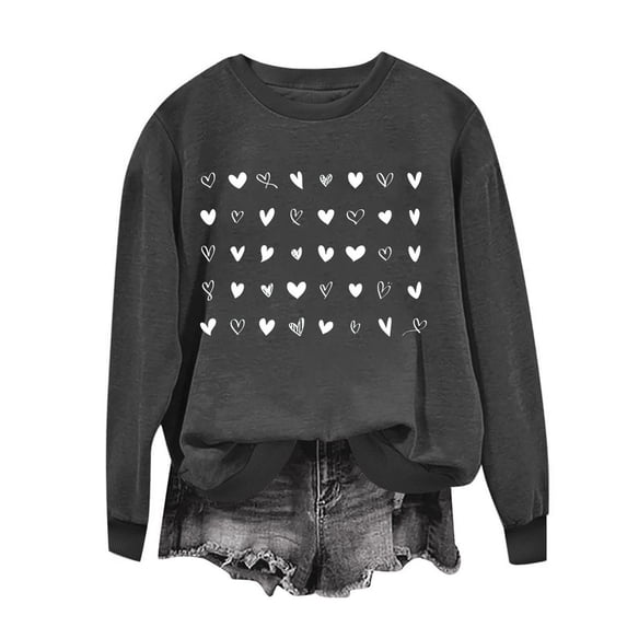 ibuvkizy Valentines Day Sweatshirts for Women Round Neck Printed Sweatshirts Long Sleeved Pullover Top Sweatshirt Dark Gray,L