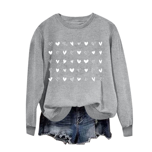 ibuvkizy Valentines Day Sweatshirts for Women Round Neck Printed Sweatshirts Long Sleeved Pullover Top Sweatshirt Gray,XL