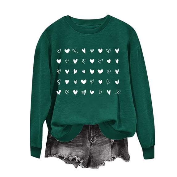ibuvkizy Valentines Day Sweatshirts for Women Round Neck Printed Sweatshirts Long Sleeved Pullover Top Sweatshirt Green,XS