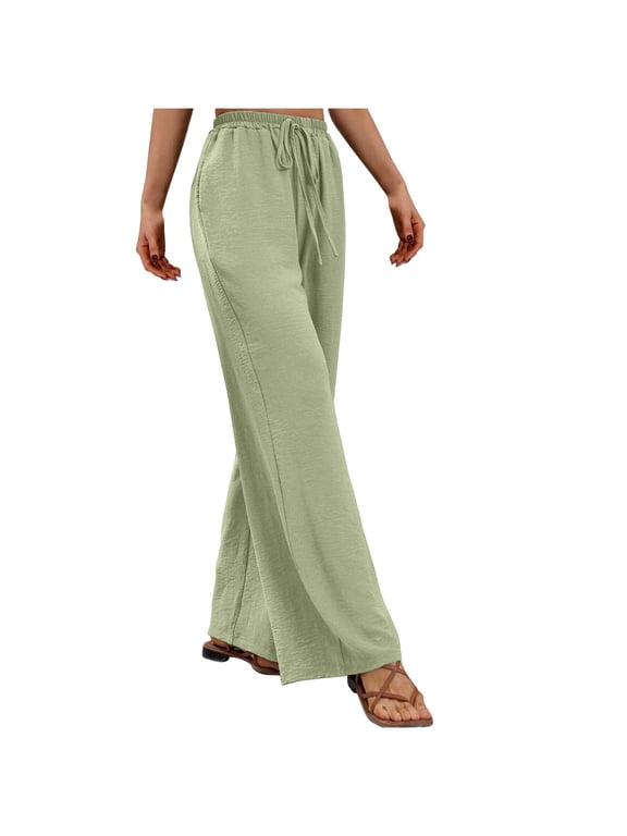 Wide Leg Pants Woman Yoga Pants,Women's Casual Drawstring Wide Leg Pants Solid Waist Bandage Loose Long Pants with Pocket Mint Green,XXL